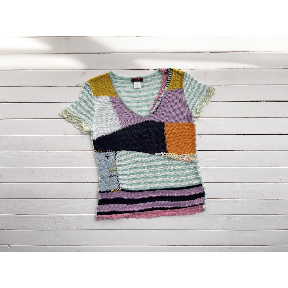 vtg Bazar Christian LaCroix designer patchwork embroidered short sleeve sweater‎
